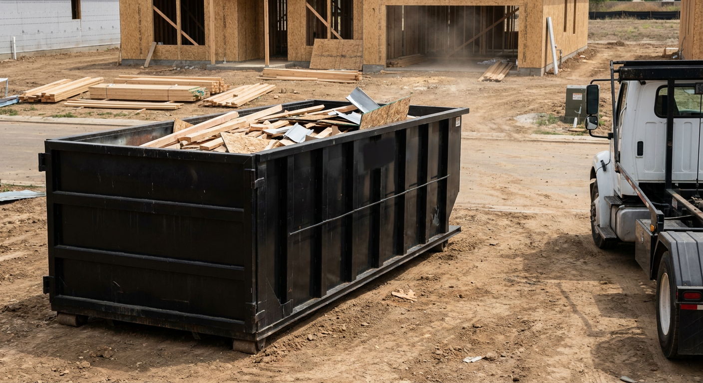 Matte-black 20-yard roll-off construction dumpster with heavy ribbed steel sidewalls and swing rear doors at a working jobsite in Baytown, sitting directly on compacted dirt with an unmarked white hauler partially visible at the far edge of the frame.