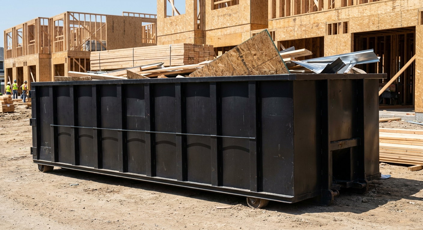 Matte-black 40-yard roll-off construction dumpster being lowered from a white-cab hooklift delivery truck onto the compacted-dirt jobsite at a commercial build site in Baytown