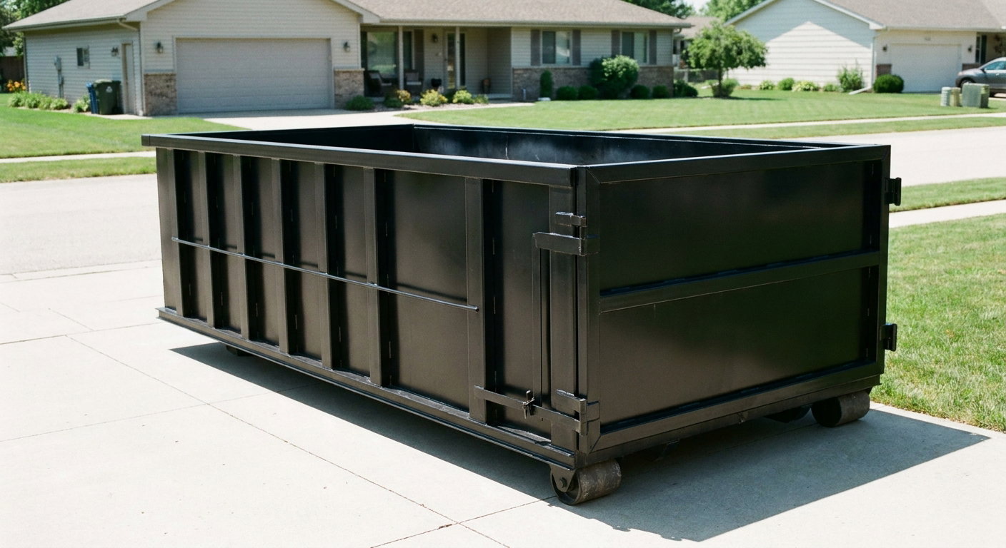 Matte-black 10-yard roll-off dumpster on a residential concrete driveway in Baytown, uniformly painted matte black across every panel and rail, ribbed steel sidewalls and rear swing door visible, mid-day daylight.