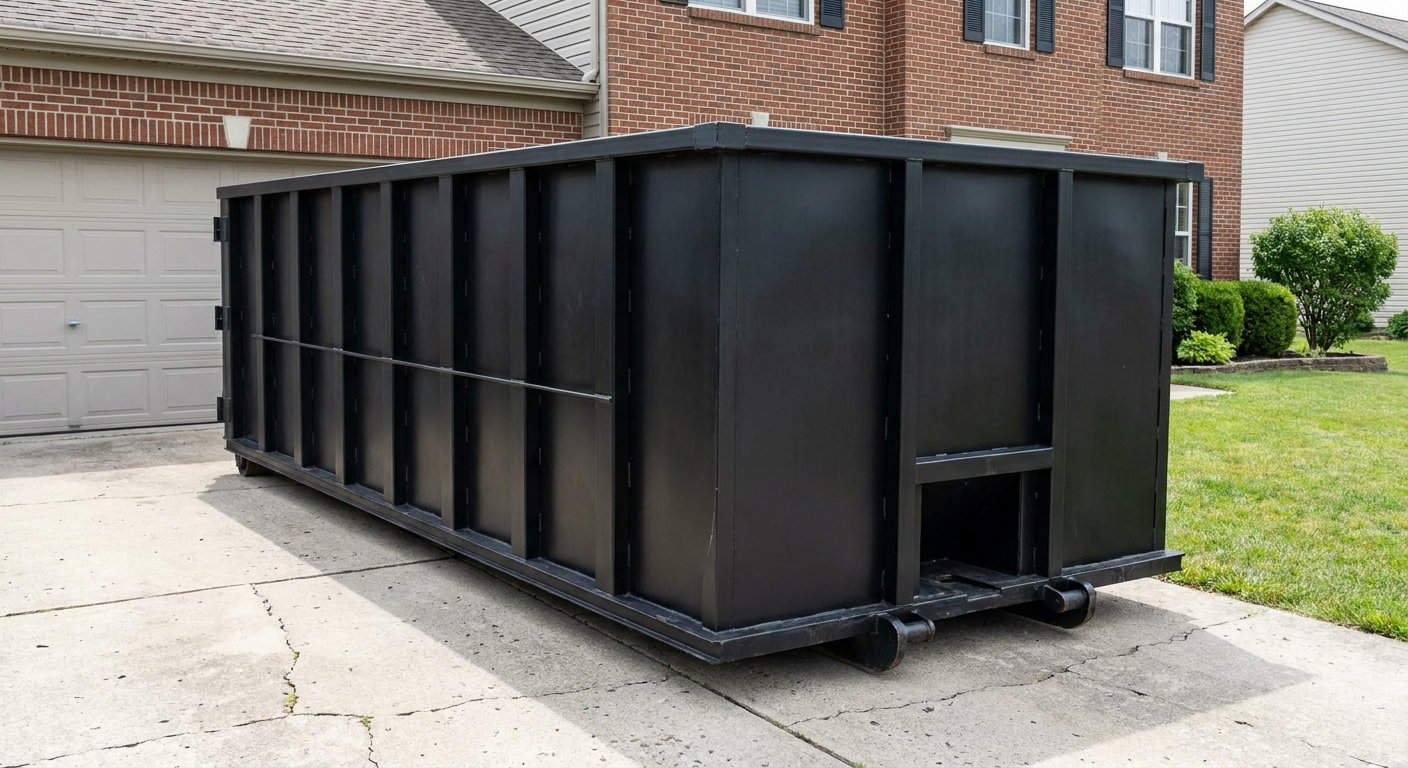 Matte-black 20-yard roll-off container on a Baytown residential concrete driveway with reinforced ribbed steel sidewalls and a hinged rear walk-in door, clean bright daylight.
