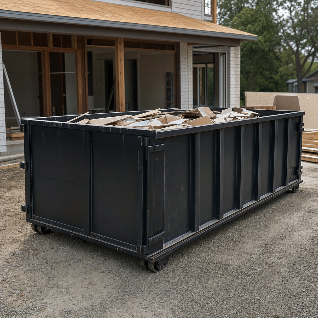 Large matte-black 30-yard construction roll-off dumpster at an active Baytown jobsite, steel-gray top rails and bottom rollers visible, loaded with construction debris.