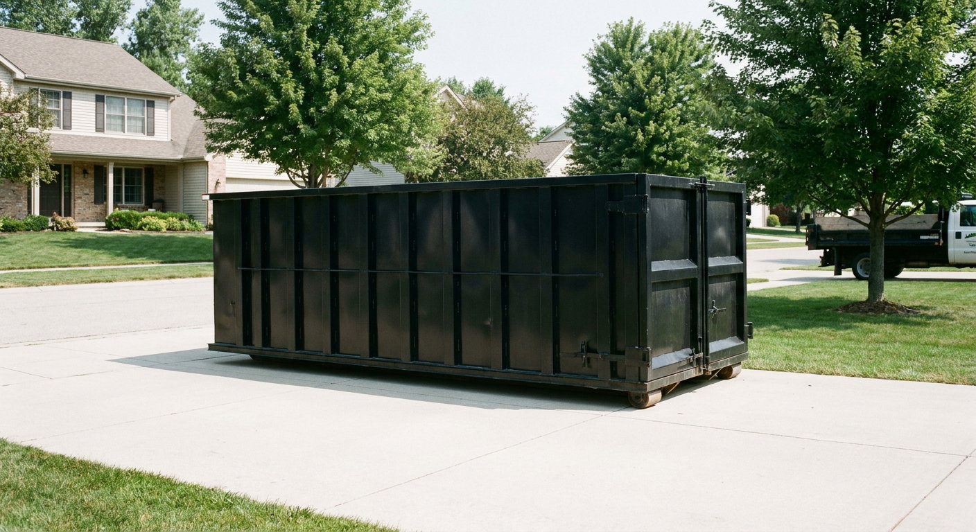 Matte-black 20-yard roll-off dumpster sitting level on a clean Baytown residential concrete driveway under bright daylight, demonstrating clean placement directly on the concrete.