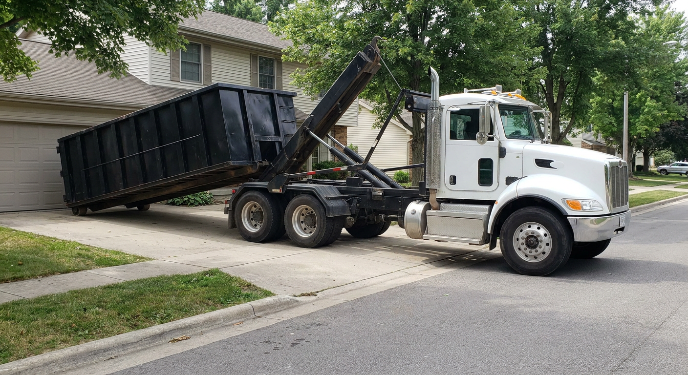 White-cab hooklift roll-off truck actively lowering a matte-black dumpster onto a Baytown residential concrete driveway, the dumpster's rear wheels touching the driveway as the hoist arm tilts the bed forward, mid-morning daylight.