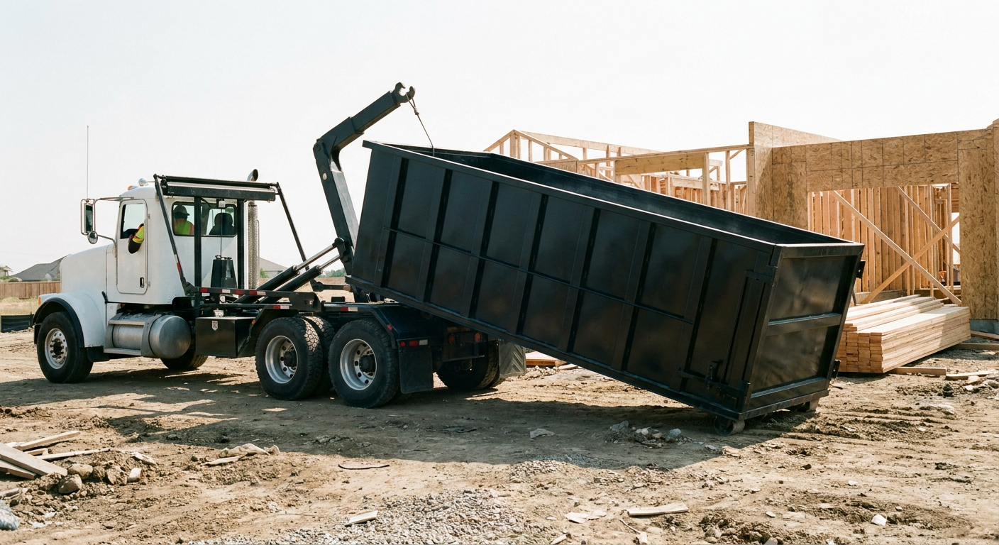 Matte-black roll-off dumpster being delivered onto a clean residential concrete driveway in Baytown by an unmarked white hooklift hauler truck, bright morning daylight, documentary 35mm perspective.