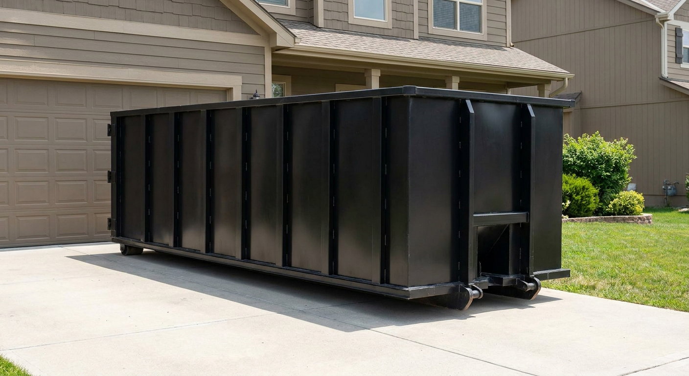 Matte-black residential roll-off dumpster sitting directly on a suburban Baytown concrete driveway, garage door closed, single-family home in background, bright morning daylight.
