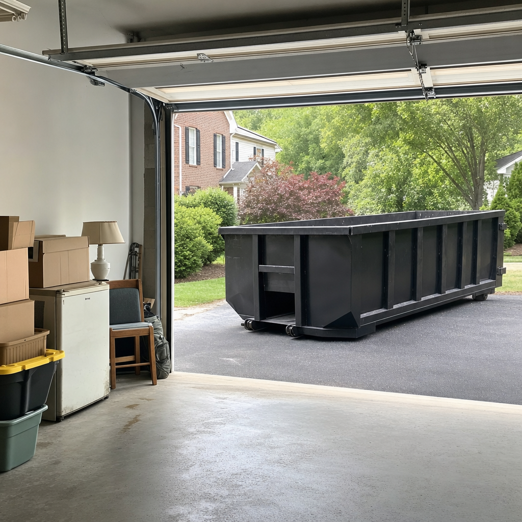 Open garage interior in a Baytown home mid-cleanout — boxed items, an old appliance, and stacked yard tools queued near the driveway for a matte-black roll-off dumpster, organized and calm
