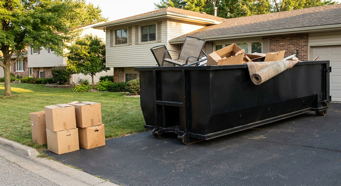 Front-yard view of a Baytown split-level home with a 20-yard matte-black roll-off dumpster sitting directly on the asphalt driveway, a few clearly labeled donation boxes staged at the curb, calm sunny afternoon.