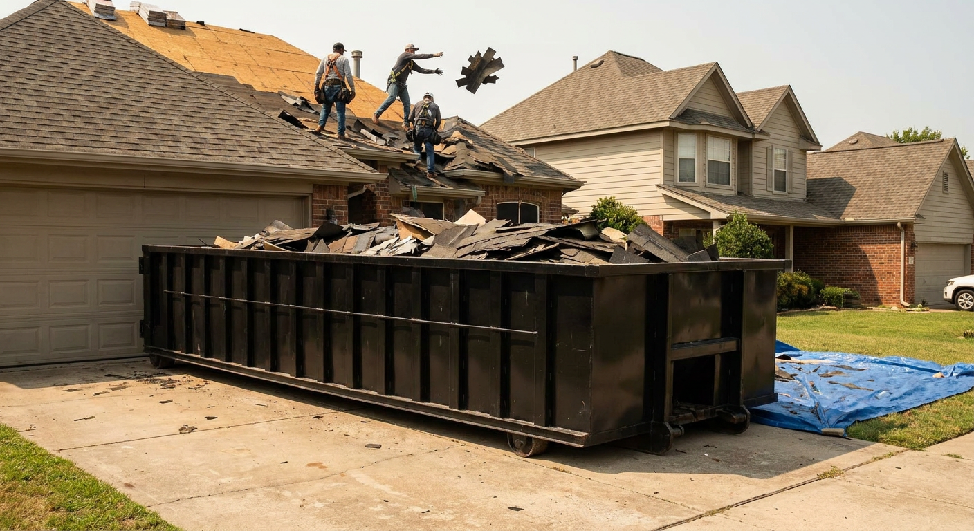 Matte-black roofing roll-off dumpster placed directly on a Baytown residential concrete driveway, a tear-off crew on a two-story asphalt-shingle roof tossing shingle bundles into the low-walled container, bright daylight, documentary 35mm perspective.