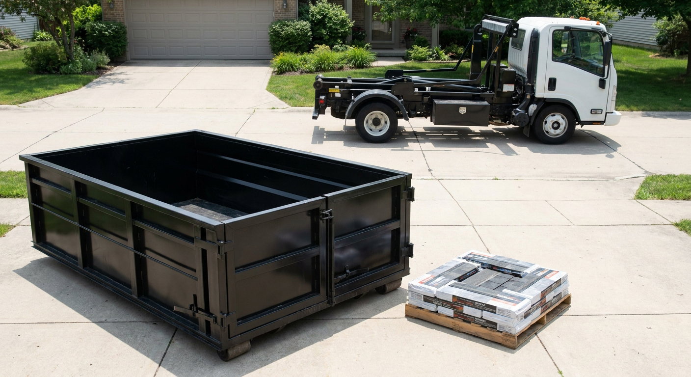 Matte-black 15-yard roofing roll-off dumpster with reinforced low side walls sitting directly on a Baytown residential concrete driveway, three-tab asphalt shingle bundles stacked nearby, an unmarked white hauler truck partially visible at the edge of the frame.
