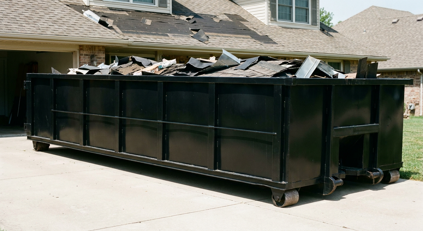 Matte-black 20-yard roofing roll-off dumpster with steel ribbed sides and swinging rear door, sitting directly on the concrete driveway of a two-story Baytown home, asphalt shingle debris being loaded over the low wall, clean documentary lighting.