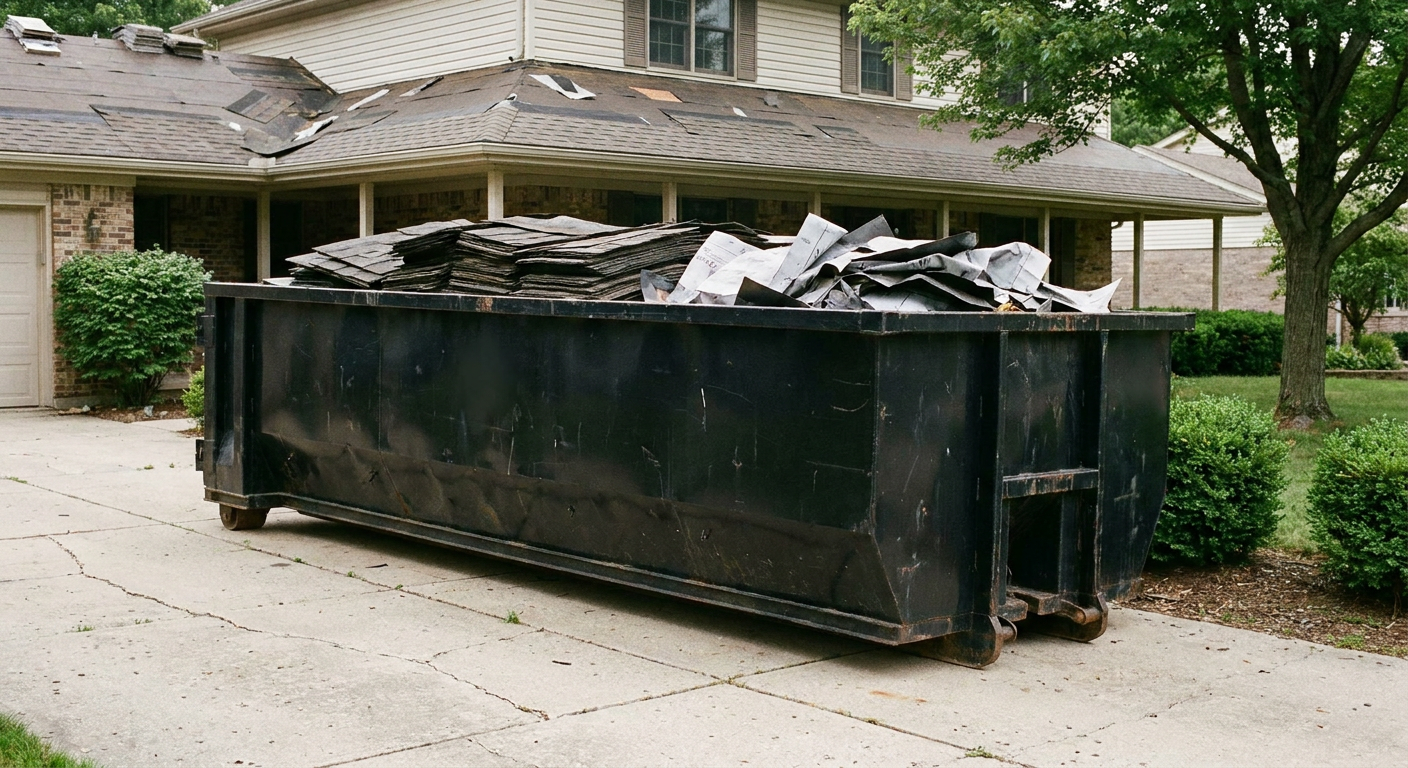 Matte-black 30-yard roofing roll-off dumpster sitting directly on a Baytown concrete driveway, taller ribbed steel side panels, mixed tear-off debris of asphalt shingles and underlayment inside, professional documentary daylight.