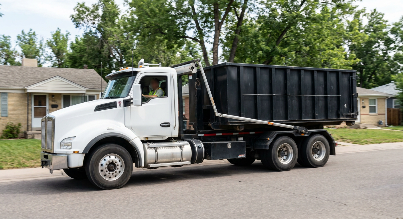 A wide documentary shot of a matte-black roll-off delivery truck pulling onto a quiet Baytown residential street at mid-morning, with neighborhood rooftops and tree-lined blocks visible behind, showing the metro coverage footprint.