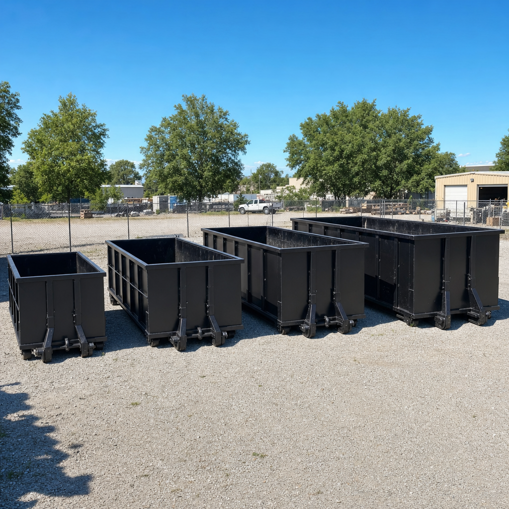 A clean lineup of matte-black roll-off dumpsters in 10, 20, 30, and 40-yard sizes staged on a sunlit gravel yard in Baytown, showing the size progression from compact to commercial-scale containers.