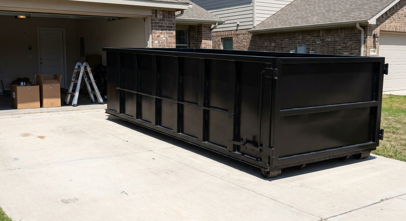 A matte-black 10-yard roll-off dumpster sitting directly on a residential Baytown concrete driveway, mid-day sunlight, clean and ready for a garage cleanout.