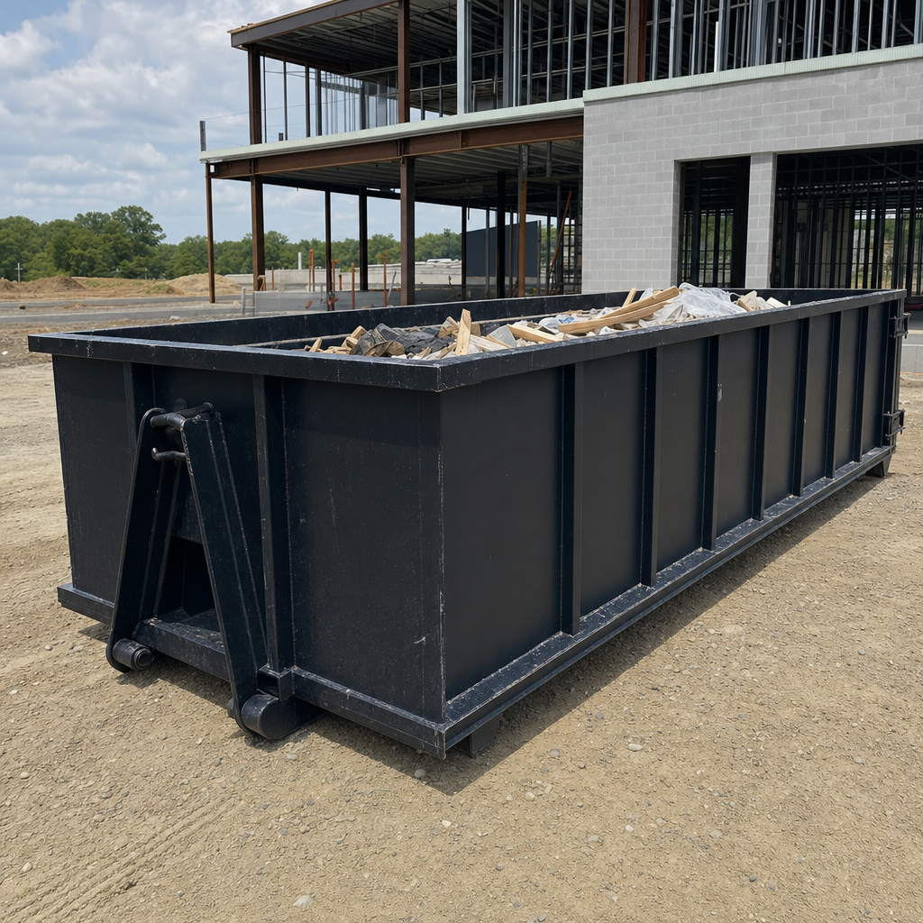 A matte-black 40-yard roll-off dumpster staged on a large Baytown commercial construction lot, with a hooklift delivery truck parked alongside under bright midday sky.